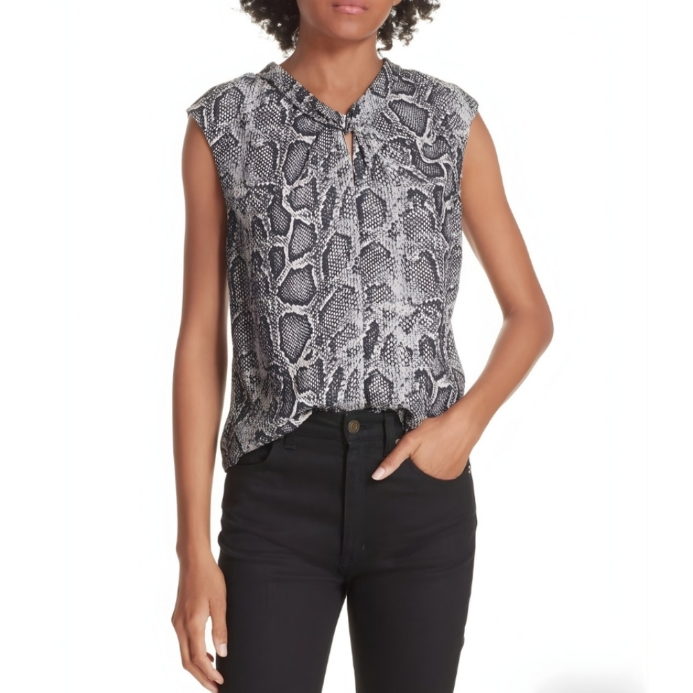 Rebecca Taylor Snakeskin Print Silk Top Blouse Keyhole Neck Size 2 Python